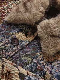 Close up of the faux fur collar and floral brocade on the Veronica Beard Blake Coat in Dark Eggplant Multi.