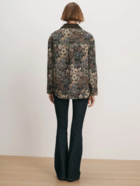 Back view of the Veronica Beard Blake Brocade Coat in Dark Eggplant Multi with dropped shoulders.