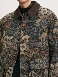 Detail of the point collar, buttons and flap pocket on the Veronica Beard Blake Brocade Coat in Dark Eggplant Multi.