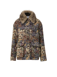 Flat lay of the Veronica Beard Blake Brocade Coat in Dark Eggplant Multi with faux fur collar.