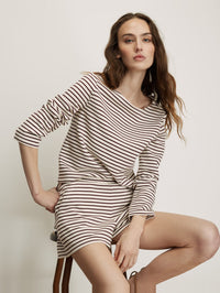 Front view of the Brighton Short in Dove/Raisin striped knit by Veronica Beard, styled with a matching long-sleeve top