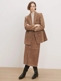 Veronica Beard Callisian Suede Midi Skirt in Bark worn with a matching suede blazer.