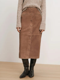 Close front view of the Callisian Suede Midi Skirt in Bark showing the button front and pockets by Veronica Beard.