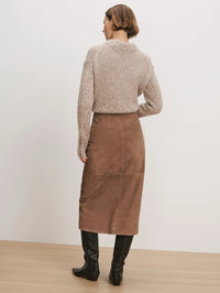 Back view of the Veronica Beard Callisian Suede Midi Skirt in Bark showing the darted waist.