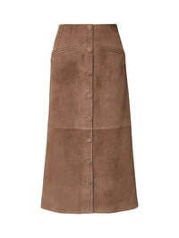 Flat lay of the Veronica Beard Callisian Suede Midi Skirt in Bark with full button-down front.