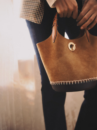 Side view of the Colorblock Anchor Bag in Acorn Multi by Veronica Beard with whipstitched trim detail