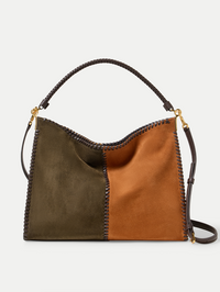 Front view of the Colorblock Vida Bag in Cypress Multi by Veronica Beard with whipstitched leather edges
