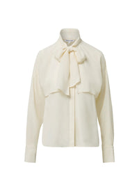 Flat lay of the Veronica Beard Darlis Scarf-Neck Blouse in Dove White with bow tied at the neck.