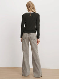 Full-length back view of the Veronica Beard Daro Embellished Sweater in Green Shadow showing the keyhole closure.