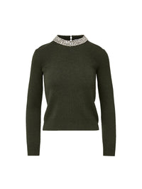 Flat lay of the Veronica Beard Daro Embellished Sweater in Green Shadow with crystal collar on white.
