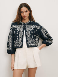 Front view of the Drake Jacket in navy with ornate white embroidery by Veronica Beard