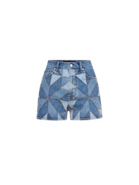 Front view of the Elijah Short with denim quilt patches in Prism Blue by Veronica Beard