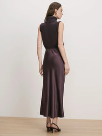 Back view of the Veronica Beard Felecia Midi Skirt in Dark Eggplant satin.