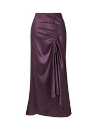 Flat lay of the Veronica Beard Felecia Midi Skirt in Dark Eggplant satin with side ruching.