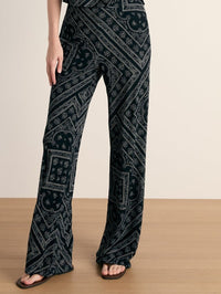 Front view of the Hadria Pant in Navy/Dove by Veronica Beard featuring geometric bandana print