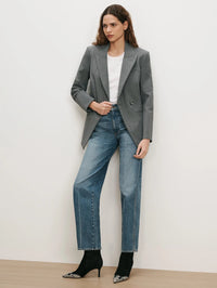 Full-length front view of Veronica Beard Harley Arc-Leg Jean in Memory Lane styled with a grey blazer