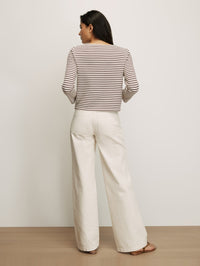 Back view of the striped Hovey Top in Dove and Raisin by Veronica Beard, styled with cream denim