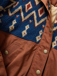Close-up of the Fair Isle sherpa panel and snap pocket on the Veronica Beard Knoll Jacket in Deep Ochre.