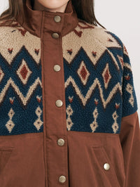 Detail of the mock neckline and snap placket on the Veronica Beard Knoll Sherpa Jacket in Deep Ochre.