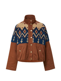 Flat lay of the Veronica Beard Knoll Sherpa Jacket in Deep Ochre with Fair Isle sherpa panels.