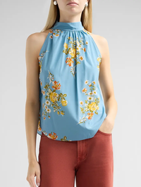 Front view of the Kovi Floral Silk-Blend Top in Blue River Multi by Veronica Beard with yellow and orange florals