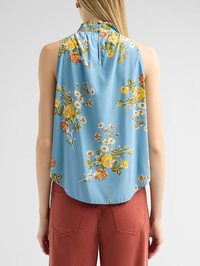 Back view of the Kovi Floral Silk-Blend Top in Blue River Multi by Veronica Beard with yellow and orange blooms