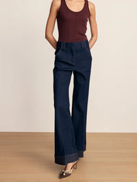Front view of the Veronica Beard Lancelor Pant in Midnight Wash, a high-rise wide-leg denim trouser.