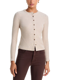Front view of the Veronica Beard Lira Picot Trim Crewneck Cardigan in Oatmeal Melange, buttoned