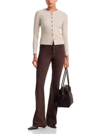 Full-length look at the Veronica Beard Lira Picot Trim Crewneck Cardigan in Oatmeal Melange with flare pants