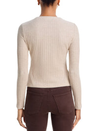 Back view of the Veronica Beard Lira Picot Trim Crewneck Cardigan in Oatmeal Melange pointelle rib
