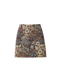 Flat lay of the Veronica Beard Ohemia Brocade Mini Skirt in Dark Eggplant Multi floral tapestry