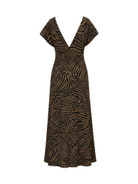 Back view showing the open V-back of the Veronica Beard Redgrave Dress in Ochre/Black.