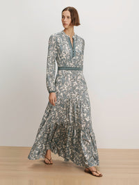 Full-length view of the Sama Dress in Ecru Multi by Veronica Beard with tiered floral print skirt