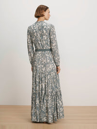 Back view of the Sama Dress in Ecru Multi by Veronica Beard, featuring tiered skirt and paisley print