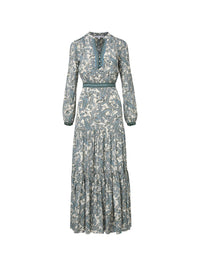 Full view of the Sama Dress in Ecru Multi by Veronica Beard with tiered maxi skirt and paisley print