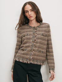 Front view of the Veronica Beard Sariyah Knit Jacket in Burgundy Multi tweed with fringed trim