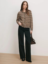 Full-length view of the Veronica Beard Sariyah Knit Jacket in Burgundy Multi with black wide-leg jeans