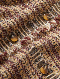 Close-up of the bouclé tweed, fringe and buttons on the Veronica Beard Sariyah Knit Jacket in Burgundy Multi
