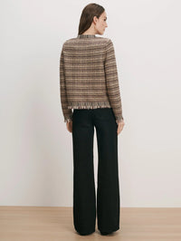 Back view of the Veronica Beard Sariyah Knit Jacket in Burgundy Multi showing the fringed hem