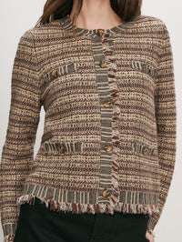 Detail of buttoned pockets and fringed placket on the Veronica Beard Sariyah Knit Jacket in Burgundy Multi