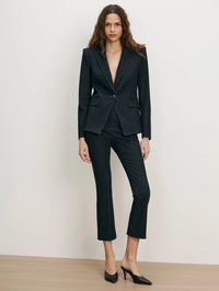 Full-length view of the Veronica Beard Miller Denim Dickey Jacket in Midnight Wash with matching cropped pants