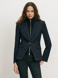Veronica Beard Miller Denim Dickey Jacket in Midnight Wash layered with a zip-in knit dickey