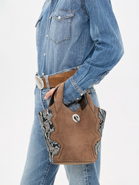 Side view of the Snake Embossed Anchor Bag in Bark Multi by Veronica Beard with python-print detailing