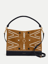 Front view of the Stitch Motif hobo bag in Acorn Multi by Veronica Beard with geometric white embroidery
