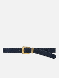 Flat lay of the navy Suede Whipstitch Arch Belt by Veronica Beard with gold buckle