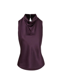 Flat lay of the Veronica Beard Tam Top in Dark Eggplant, a sleeveless cowl neck blouse