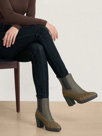 Model wearing the Veronica Beard Taryn Boot in Cypress with dark skinny jeans.
