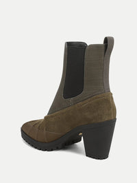 Back view of the Veronica Beard Taryn Boot in Cypress with pull tab and stacked block heel.