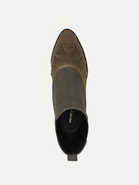Top view of the Veronica Beard Taryn Boot in Cypress showing the canvas upper and leather lining.