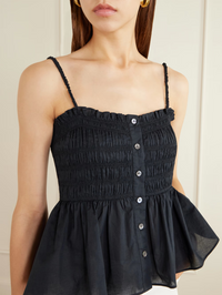 Front view of the Tullia Top in black by Veronica Beard with ruched bodice and shell buttons